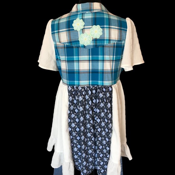 Upcycled Flowy Boho Patchwork Tunic, Size M: Ruffled Hippie Blouse, Bell Sleeves - Picture 3 of 15